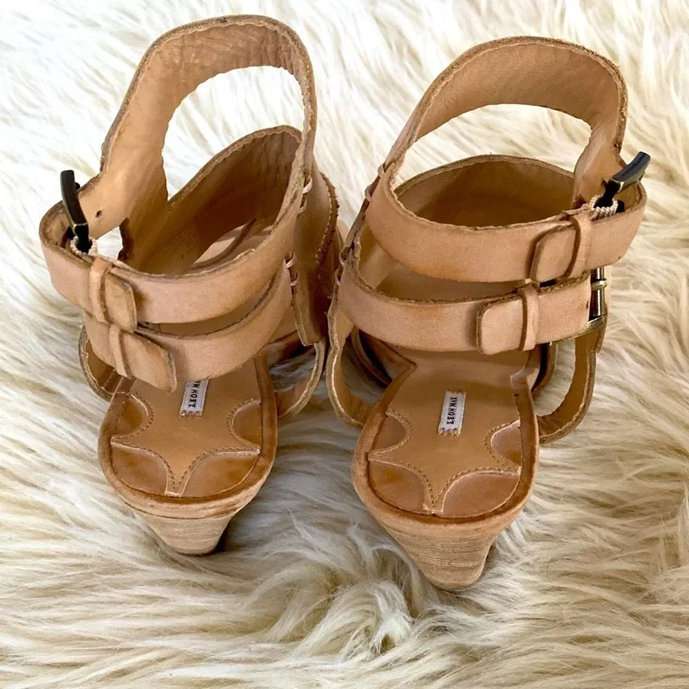 Leon Max Tan Wedge Sandals Chunky Heel Ankle Straps 8.5 New Boho Beach Vacation